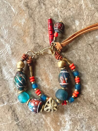 Tribal Boho Bracelet African Ethnic Clay, Recycled Glass and Brass Beads - Image 10