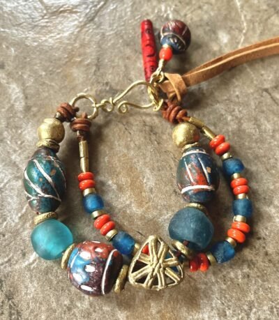 Tribal Boho Bracelet African Ethnic Clay, Recycled Glass and Brass Beads - Image 8