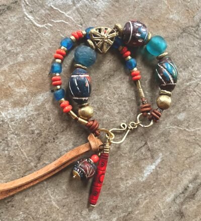 Tribal Boho Bracelet African Ethnic Clay, Recycled Glass and Brass Beads - Image 7