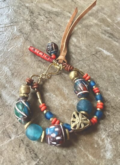 Tribal Boho Bracelet African Ethnic Clay, Recycled Glass and Brass Beads - Image 4