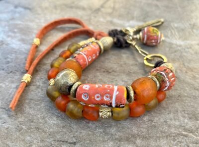 Tribal Boho Bracelet African Ethnic Clay, Recycled Glass and Lost Wax Brass - Image 3