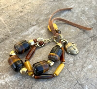Boho Tribal Bracelet Large African Carved Horn Beads, Resin and Rustic Brass - Image 3