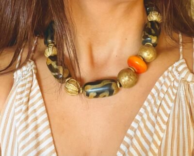 Statement African Tribal Horn, Brass and Copal Necklace - Image 5