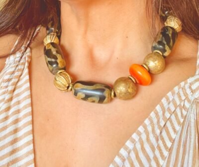 Statement African Tribal Horn, Brass and Copal Necklace - Image 11