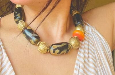 Statement African Tribal Horn, Brass and Copal Necklace - Image 9