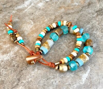 Hippie Chic Bracelet African Tribal Recycled Glass, Bone, Horn and Brass - Image 4