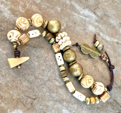 Tribal Chic Bracelet African Carved Buffalo Bone and Ethnic Brass Beads - Image 3