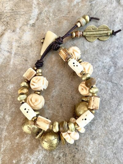 Tribal Chic Bracelet African Carved Buffalo Bone and Ethnic Brass Beads - Image 2