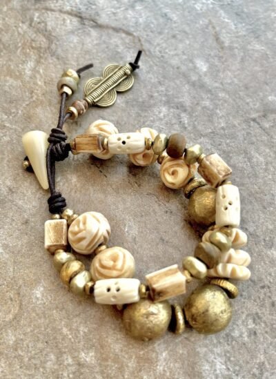 Tribal Chic Bracelet African Carved Buffalo Bone and Ethnic Brass Beads - Image 5