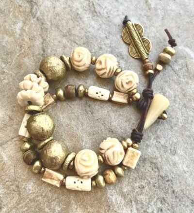 Tribal Chic Bracelet African Carved Buffalo Bone and Ethnic Brass Beads - Image 8