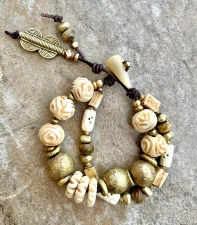 Tribal Chic Bracelet African Carved Buffalo Bone and Ethnic Brass Beads