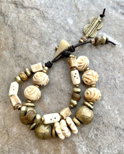 Tribal Chic Bracelet African Carved Buffalo Bone and Ethnic Brass Beads - Image 4