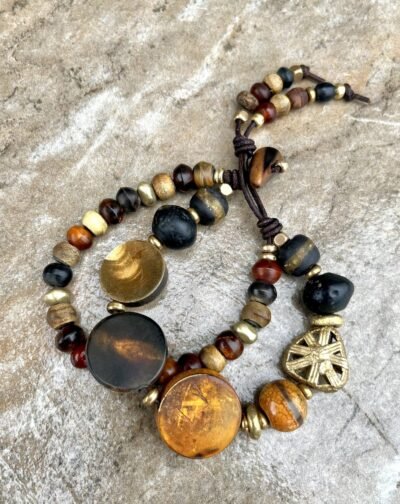 Hippie Chic Bracelet African Tribal Horn, Java Glass, Brass and Agate Stone - Image 7