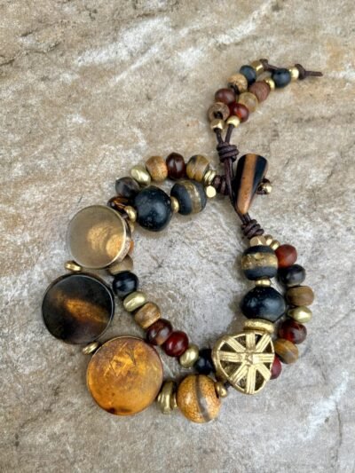 Hippie Chic Bracelet African Tribal Horn, Java Glass, Brass and Agate Stone - Image 9