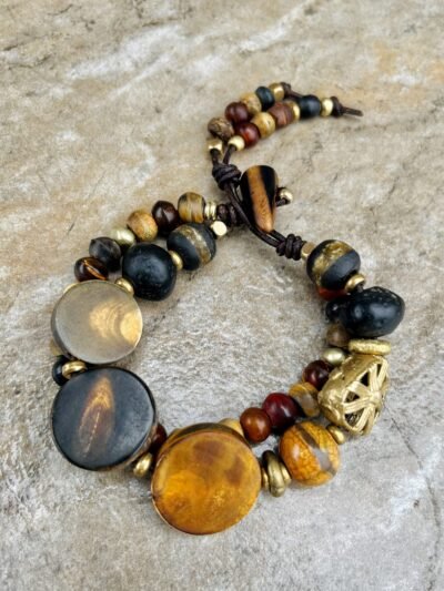 Hippie Chic Bracelet African Tribal Horn, Java Glass, Brass and Agate Stone