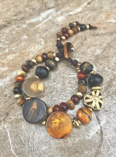 Hippie Chic Bracelet African Tribal Horn, Java Glass, Brass and Agate Stone - Image 5