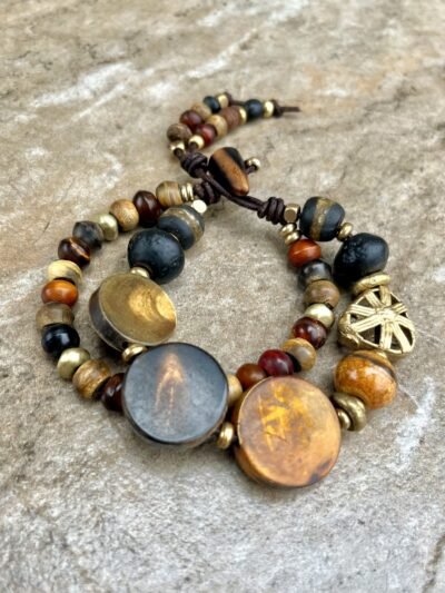 Hippie Chic Bracelet African Tribal Horn, Java Glass, Brass and Agate Stone - Image 4