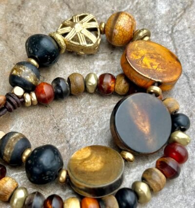 Hippie Chic Bracelet African Tribal Horn, Java Glass, Brass and Agate Stone - Image 3