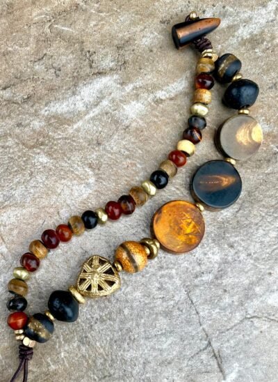 Hippie Chic Bracelet African Tribal Horn, Java Glass, Brass and Agate Stone - Image 10