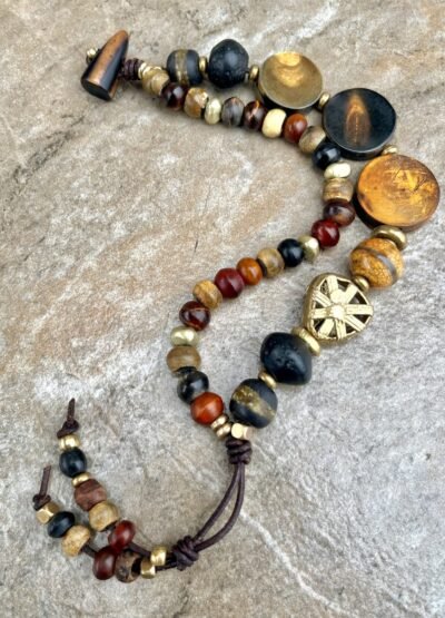 Hippie Chic Bracelet African Tribal Horn, Java Glass, Brass and Agate Stone - Image 6