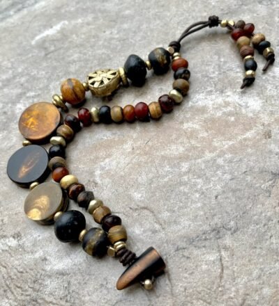 Hippie Chic Bracelet African Tribal Horn, Java Glass, Brass and Agate Stone - Image 2