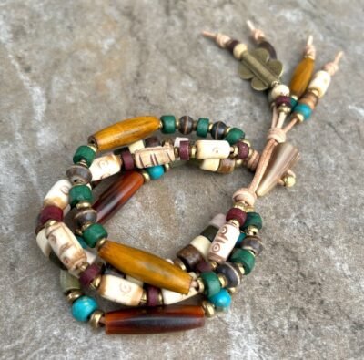 Hippie Boho Bracelet African Tribal Carved Bone, Horn and Lost Wax Brass