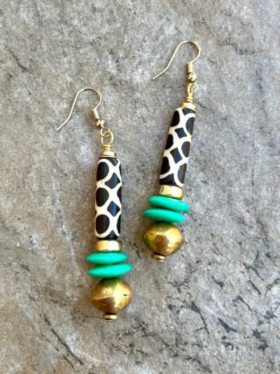 African Tribal Earrings  Batik Bone, Lost Wax Brass Beads and Mint Ashanti Glass - Image 6