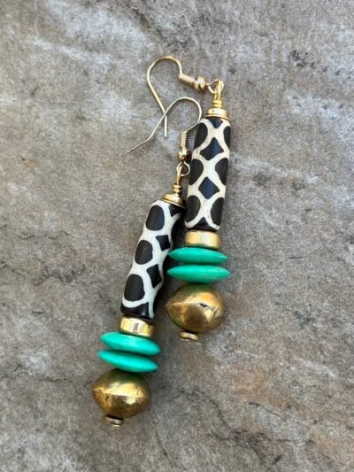 African Tribal Earrings  Batik Bone, Lost Wax Brass Beads and Mint Ashanti Glass