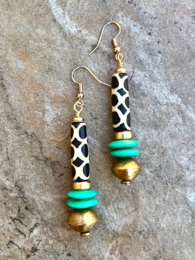 African Tribal Earrings  Batik Bone, Lost Wax Brass Beads and Mint Ashanti Glass - Image 3