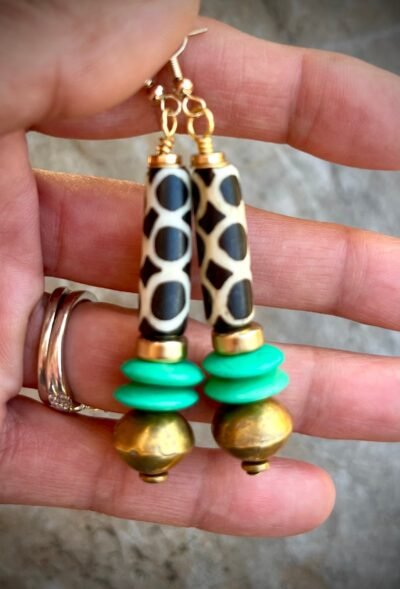 African Tribal Earrings  Batik Bone, Lost Wax Brass Beads and Mint Ashanti Glass - Image 4