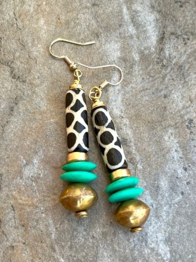 African Tribal Earrings  Batik Bone, Lost Wax Brass Beads and Mint Ashanti Glass - Image 2