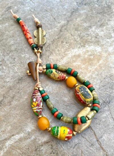 Colorful Tribal Boho Bracelet African Clay, Brass, Carved Bone and Glass Beads - Image 3