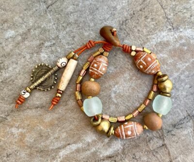 Tribal Boho Bracelet African Clay, Brass, Glass and Bone Beads - Image 7