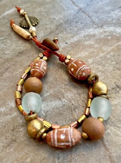 Tribal Boho Bracelet African Clay, Brass, Glass and Bone Beads - Image 12