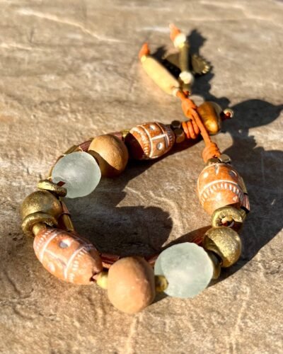 Tribal Boho Bracelet African Clay, Brass, Glass and Bone Beads - Image 5