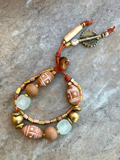 Tribal Boho Bracelet African Clay, Brass, Glass and Bone Beads - Image 10