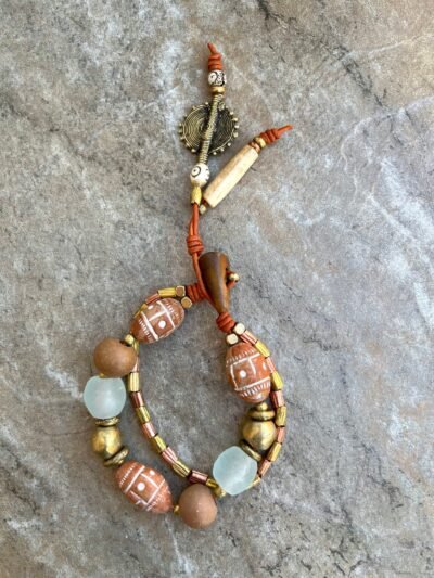 Tribal Boho Bracelet African Clay, Brass, Glass and Bone Beads - Image 9