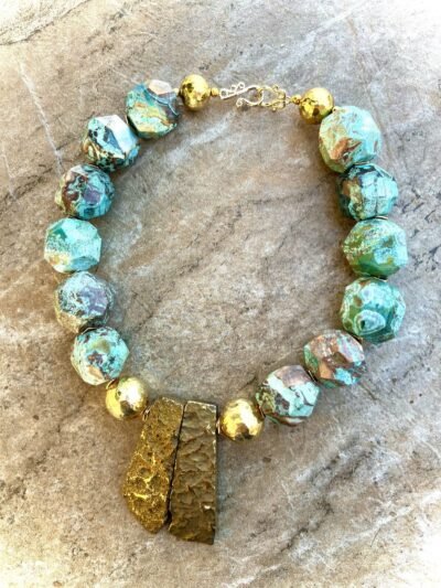 Boho Chic Blue Ocean Jasper  and African Brass Statement Necklace - Image 9