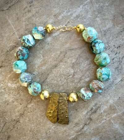 Boho Chic Blue Ocean Jasper  and African Brass Statement Necklace - Image 10