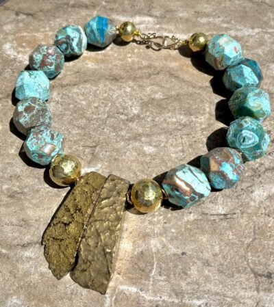 Boho Chic Blue Ocean Jasper  and African Brass Statement Necklace - Image 3