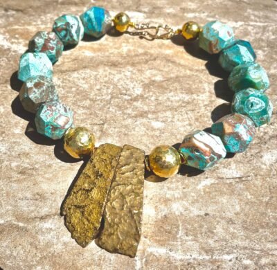 Boho Chic Blue Ocean Jasper  and African Brass Statement Necklace - Image 6