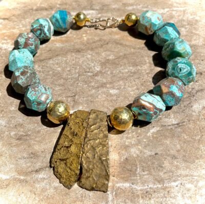 Boho Chic Blue Ocean Jasper  and African Brass Statement Necklace