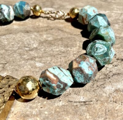 Boho Chic Blue Ocean Jasper  and African Brass Statement Necklace - Image 5