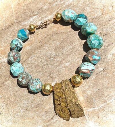 Boho Chic Blue Ocean Jasper  and African Brass Statement Necklace - Image 2