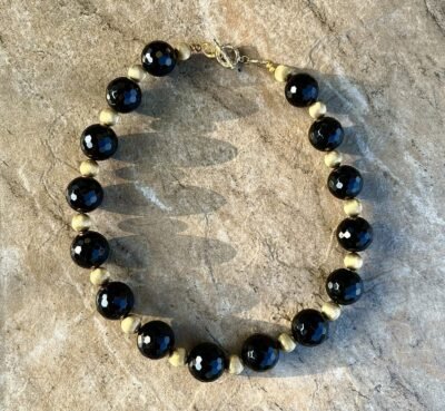 Classic Chic Necklace Black Agate and Vintage Italian Gold Filled Brushed Beads - Image 4