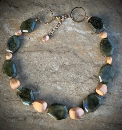 Rustic Chic Labradorite Gemstone and Italian Rose Gold Filled Necklace - Image 4