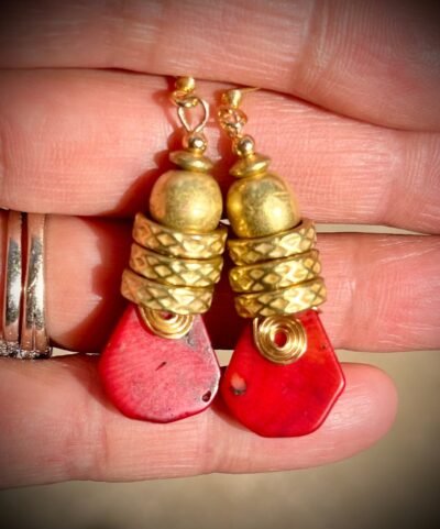 Tribal Bohemian Earrings Red Coral Spiral African Trade Brass Handmade Beads - Image 3