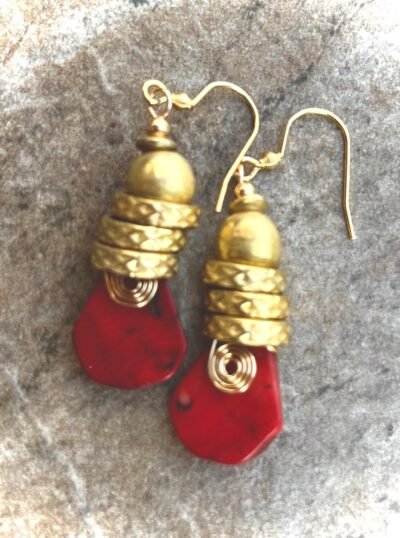 Tribal Bohemian Earrings Red Coral Spiral African Trade Brass Handmade Beads - Image 5