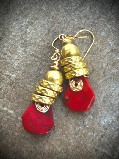 Tribal Bohemian Earrings Red Coral Spiral African Trade Brass Handmade Beads - Image 2