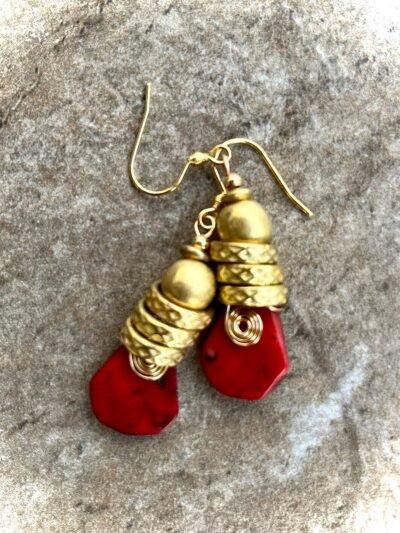 Tribal Bohemian Earrings Red Coral Spiral African Trade Brass Handmade Beads - Image 4